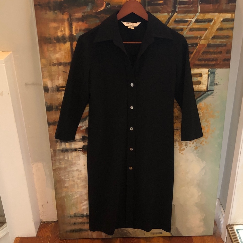Trina Turk Black Stretch Crepe Long-Sleeve Button Front Dress